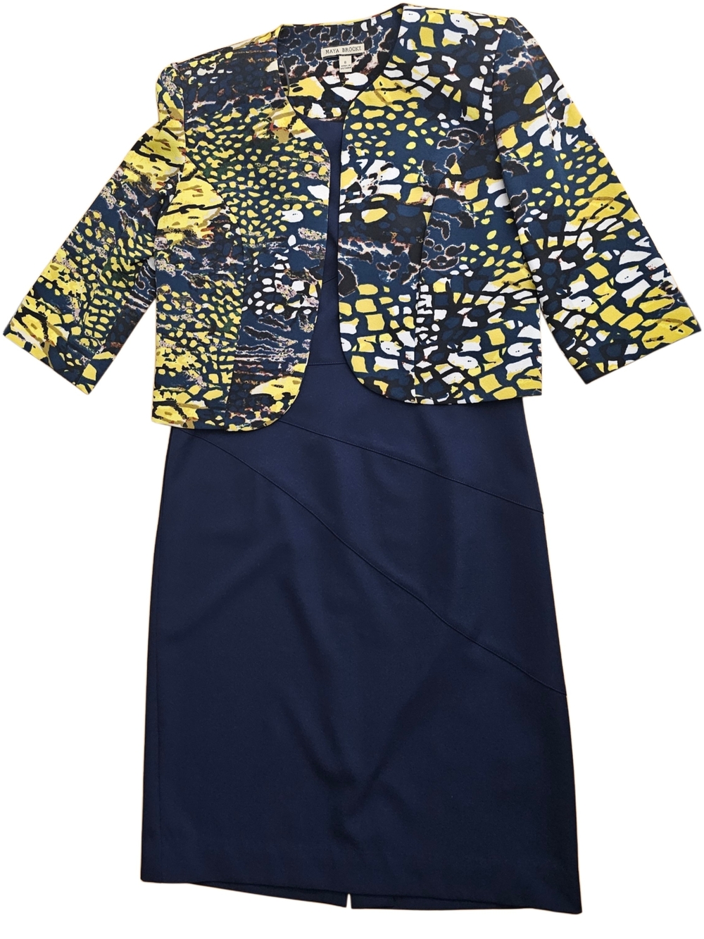 Elegant Navy Midi Sheath Dress with Yellow-Patterned Jacket - Women's Dress Set